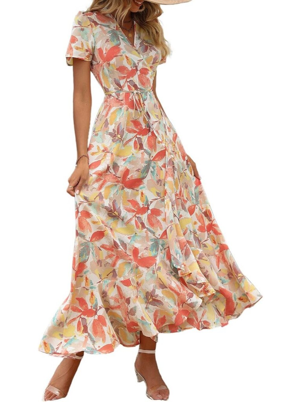 Women's White Floral V Neck Casual Short Sleeve Pull On Zipper Maxi Dresses